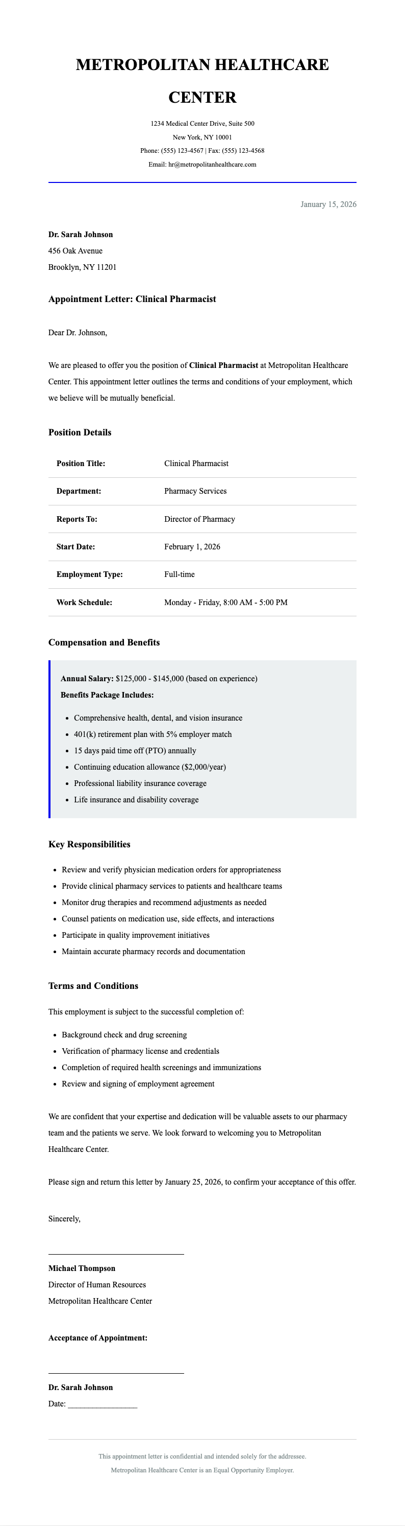 Academic formal pharmacist appointment letter
